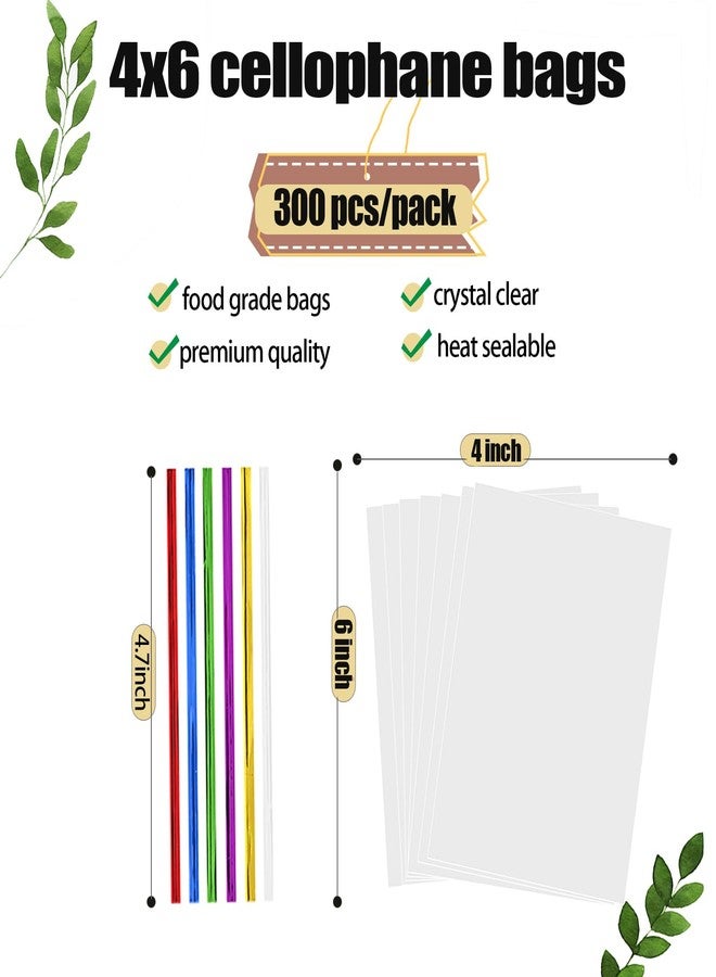 Nobranded 300 pcs Clear 4" x 6" Flat Cello Cellophane Bags Poly Treat Bags 2.8 mils for Gift Wrapping, Bakery, Cookie, Candies, Toast, Dessert, Party Favors Packaging with Color Twist Ties - Image 3
